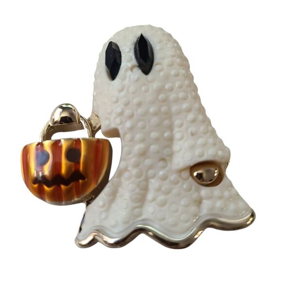 Dillard's Boo-tiful Halloween Brooch Ghost w/Pumpkin and Gold Tone - Picture 1 of 4